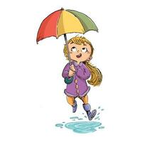 wenig Mädchen mit farbig Regenschirm und Gummistiefel Gehen im das Regen vektor