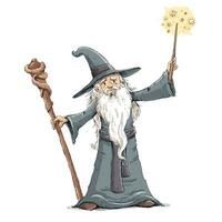 gammal trollkarl håller på med magi med wand vektor