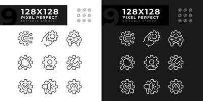 Getriebe Pixel perfekt linear Symbole einstellen zum dunkel, Licht Modus. Konto Personalisierung. Digital System Einstellungen. dünn Linie Symbole zum Nacht, Tag Thema. isoliert Illustrationen. editierbar Schlaganfall vektor