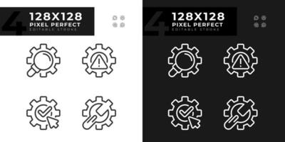 systemet ändringar pixel perfekt linjär ikoner uppsättning för mörk, ljus läge. utökad Sök. komplett och spara ändringar. tunn linje symboler för natt, dag tema. isolerat illustrationer. redigerbar stroke vektor