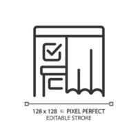 2d Pixel perfekt dünn Linie Symbol von Wählen Stand mit Vorhang und Häkchen Zeichen, isoliert Vektor Illustration, editierbar Wahl unterzeichnen.