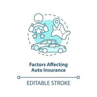 Faktoren beeinflussen Auto Versicherung Türkis Konzept Symbol. Auto Abdeckung Metriken abstrakt Idee dünn Linie Illustration. isoliert Gliederung Zeichnung. editierbar Schlaganfall vektor