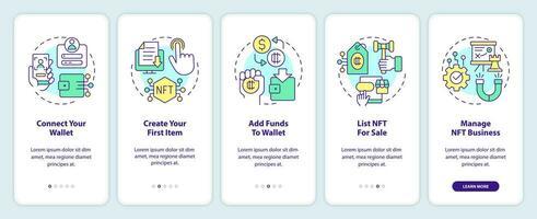 nfts prägling bearbeta onboarding mobil app skärm. teknologi genomgång 5 steg redigerbar grafisk instruktioner med linjär begrepp. ui, ux, gui mall vektor