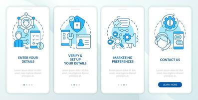 internet bank registrering guide blå onboarding mobil app skärm. genomgång 4 steg redigerbar grafisk instruktioner med linjär begrepp. ui, ux, gui mall vektor