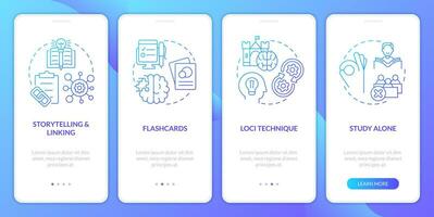 visuell Auswendiglernen Strategien Blau Gradient Onboarding Handy, Mobiltelefon App Bildschirm. Komplettlösung 4 Schritte Grafik Anleitung mit linear Konzepte. ui, ux, gui Vorlage vektor