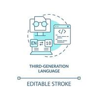 dritte Generation Programmierung Sprache Türkis Konzept Symbol. Codierung Entwicklung abstrakt Idee dünn Linie Illustration. isoliert Gliederung Zeichnung. editierbar Schlaganfall vektor