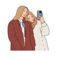 flickor gör selfie i de spegel. vänner eller systrar. kvinnor tar bild Foto av själv på smartphone. mode, social media begrepp. platt översikt stil. vektor illustration