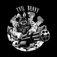 groß, gespenstisch und böse Hase tragen Militär- Ausrüstung halten Maschine Pistole, Minigun. geeignet zum T-Shirt Design, Fan-Shop. Konzept von Halloween, Grusel, Schädel. Grafik Vektor Illustration.