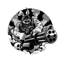 groß, gespenstisch und böse Hase tragen Militär- Ausrüstung halten Maschine Pistole, Minigun. geeignet zum T-Shirt Design, Fan-Shop. Konzept von Halloween, Grusel, Schädel. Grafik Vektor Illustration.