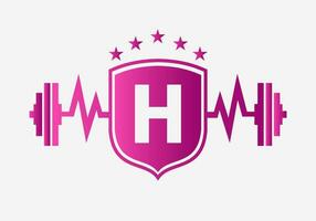 Brief h Fitnessstudio Fitness Logo Design Konzept mit Hantel Schild und Start Symbol. Bodybuilding Fitnessstudio Symbol vektor