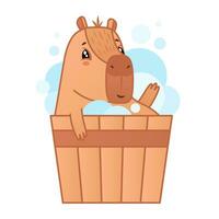 söt capybara karaktär badning i bad med skum. tecknad serie djur- klistermärke. vektor illustration på vit bakgrund