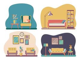 uppsättning interiör av de levande rum med möbel. platt tecknad serie stil. vektor illustration