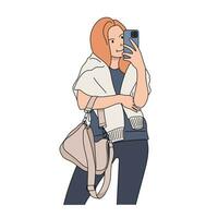 Mädchen macht Selfie im das Spiegel. Frau nehmen Bild Foto von Sie selber auf Smartphone. Mode, Sozial Medien Konzept. eben Gliederung Stil. Vektor Illustration