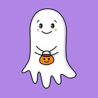 söt spöke. halloween spöke karaktär med pumpa korg. läskigt uttryck varelse. klistermärke uttryckssymbol med glädje, roligt, lycka, värma känsla. vektor illustration