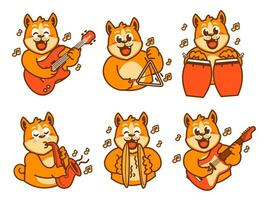 Shiba inu Hund Karikatur Aufkleber spielen Musik- vektor