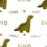 sömlös mönster med grön dino illustration, dinosaurie isolerat ClipArt. barnslig kort med t rex. gammal djur, Zoo design. söt barnslig illustration, ändlös design på vit bakgrund vektor