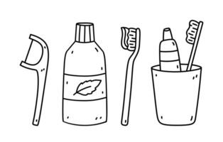 Dental Pflege Gekritzel Satz. Zahnbürsten, Zahnpasta, Zahnseide und Mundwasser. Oral Hygiene. Vektor handgemalt Illustration isoliert auf Weiß Hintergrund. perfekt zum Logo, verschiedene Entwürfe.