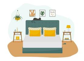 gemütlich modern Schlafzimmer mit ein Katze auf ein Bett. Konzept Vektor Illustration im eben Stil.
