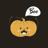 Halloween Gruß Karte Boo mit süß unheimlich Maskottchen Kürbis. vektor