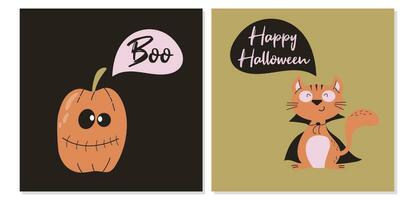 einstellen von zwei Halloween Karten mit süß lächelnd Kürbis und glücklich Katze. vektor