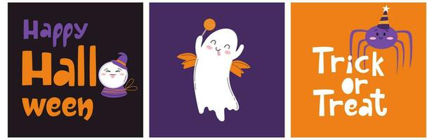 färgrik handritad uppsättning av tre halo Halloween kort. leende söt spöke, kitslig kristall boll och söt liten Spindel. vektor