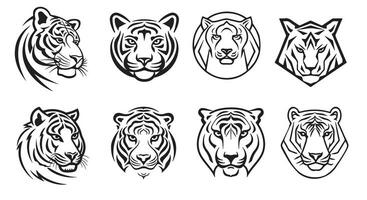 Tiger Kopf Sammlung Logo skizzieren Hand gezeichnet im Gekritzel Stil Vektor Illustration