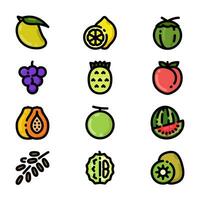 frukt ikoner uppsättning, i färgad översikt stil, Inklusive mango, vattenmelon, druva och kokos. lämplig för mat och dryck behov. vektor