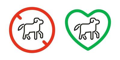 hund sällskapsdjur förbjuden och tillåten, tecken förbud och vänlig djur. hund i röd restriktion cirkel och grön godkänd hjärta. vektor illustration