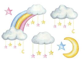 hand dragen vattenfärg uppsättning med regnbåge, moln, stjärnor, måne vektor