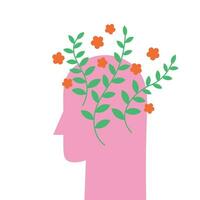 Mensch Kopf mit Blumen und Pflanzen.mental Gesundheit positiv Denken wie Weg von Denken Vektor eben Illustration, Konzept glücklich Gedanken. Psychologie und Lebensstil. Design elemen zum drucken, Poster, Karte