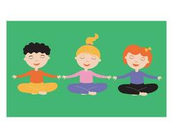 Kinder Yoga Hand gezeichnet Vektor Illustration. Kinder im das Lotus Position sind beschäftigt, verlobt im Übungen, Atmung Praktiken Methoden Ausübungen, Übungen, im frisch Luft. Sport und Erholung beim Schule, Vorschule Entwicklung