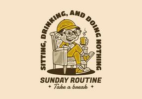 Sonntag Routine, Sitzung Trinken und tun Nichts, ein Mann entspannend auf ein Stuhl und halten ein Tasse von Kaffee vektor