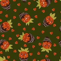 Karikatur Erdbeere Obst Maskottchen, Emoji Ausdrücke Vektor nahtlos Muster. komisch Gesicht Essen Charakter Emoticon Schokolade Dessert Textur.