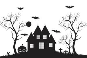 Halloween Grusel Schloss verfolgt Haus Gebäude Silhouette Vektor, schwarz und Weiß Schläger und Geist gespenstisch Haus, unheimlich Nacht Party 31 Oktober Illustration Thema, Bäume Kürbisse Gräber Hexe Mond Kreuze vektor