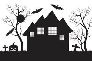 halloween Skräck slott besatt hus byggnad silhuett vektor, svart och vit fladdermus och spöke läskigt hus, skrämmande natt fest 31 oktober illustration tema, träd pumpor gravar häxa måne går över vektor