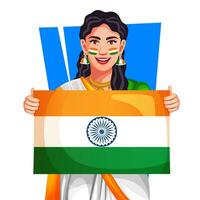 jung ethnisch indisch Frau Stehen und halten das indisch Flagge wie ein Symbol von stolz und Patriotismus. Vektor Charakter zum Unabhängigkeit oder Republik Tag.