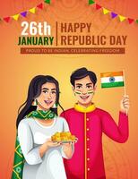 glücklich Republik Tag Poster Design mit glücklich Stolz indisch Paar vektor