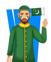 porträtt av en ung etnisk man innehav de nationell flagga av pakistan vektor