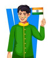 indisch Junge halten indisch Flagge und gemalt indisch Flagge auf seine Gesicht. Lager Vektor zum Republik und Unabhängigkeit Tag.