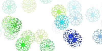 ljusblå, grön vektor doodle bakgrund med blommor.