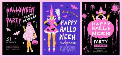 en uppsättning av halloween posters i rosa kostymer. rosa flicka fest. barbicore, layout, mall, baner vektor