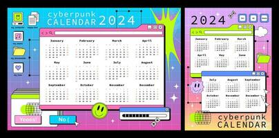 cyberpunk kalender mall för 2024. horisontell och vertikal kalender med fönster av ett gammal dator. y2k och vaporwave vektor