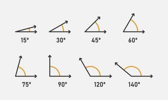 olika vinklar ikon uppsättning. 15, 30, 45, 60, 75, 90, 120, 150 grad. geometrisk symbol. matematisk element. vektor illustration