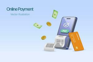 uppkopplad betalning, digital bank begrepp. smartphone med Framgång transaktion i kreditera kort betalning och fakturering mottagande på mobil Rör skärm. 3d vektor. vektor