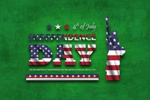 4 juli lycklig självständighetsdag i Amerika. frihetsstatyn med text och viftande amerikansk flagga. svarta tavlan bakgrund. vektor .