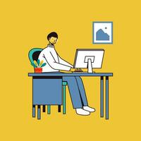 Mann mit Computer Arbeiten beim Zuhause eben Design Vektor Illustration