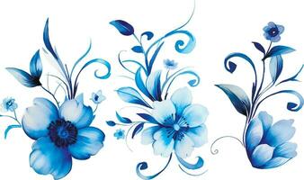 Aquarell Zeichnung, Muster einstellen von Blau Blumen und Blätter. Ornament zum Porzellan, Jahrgang drucken vektor