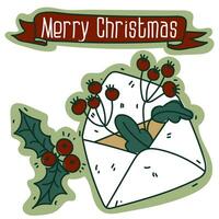 en vykort med en jul kuvert för santa claus med en herbarium i de form av bär, löv och mistel, en tecknad serie jul vektor illustration. en vykort för de Semester i retro stil