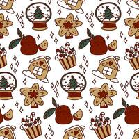 sömlös jul mönster med festlig element och en röd översikt. Lycklig textur av de vinter- Semester jul, ny år. utskrift på textil- och papper design i retro stil. förpackning, vykort vektor