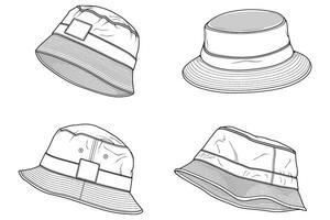 einstellen von Eimer Hut Gliederung Zeichnung Vektor, Eimer Hut im ein skizzieren Stil, Vorlage Gliederung zum Ausbildung, Vektor Illustration.